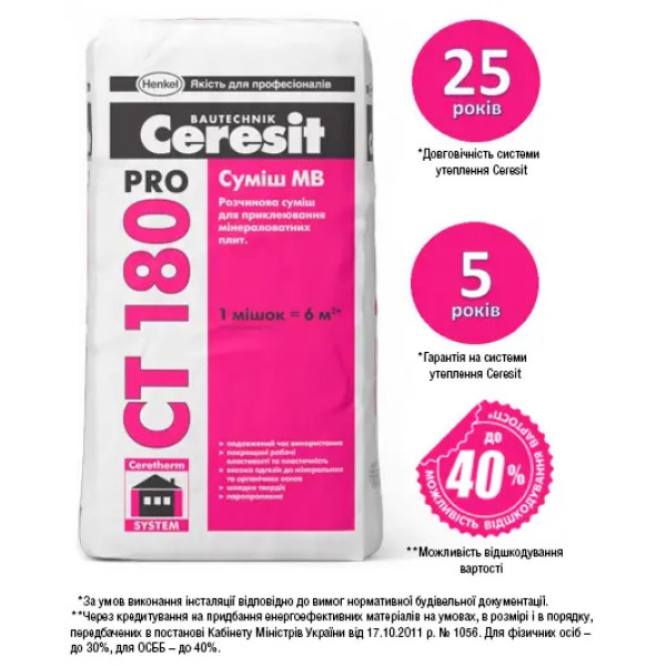 Смесь МВ для крепления плит из минеральной ваты Ceresit СТ-180 ПРО 